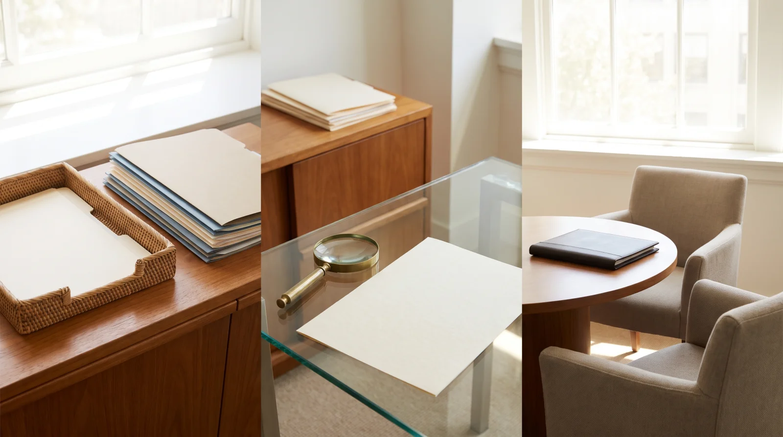 Generated editorial image in three daylight panels: unmarked folders and a document tray, a blank sheet beside a magnifying glass, and a closed folder on a meeting table with empty chairs.
