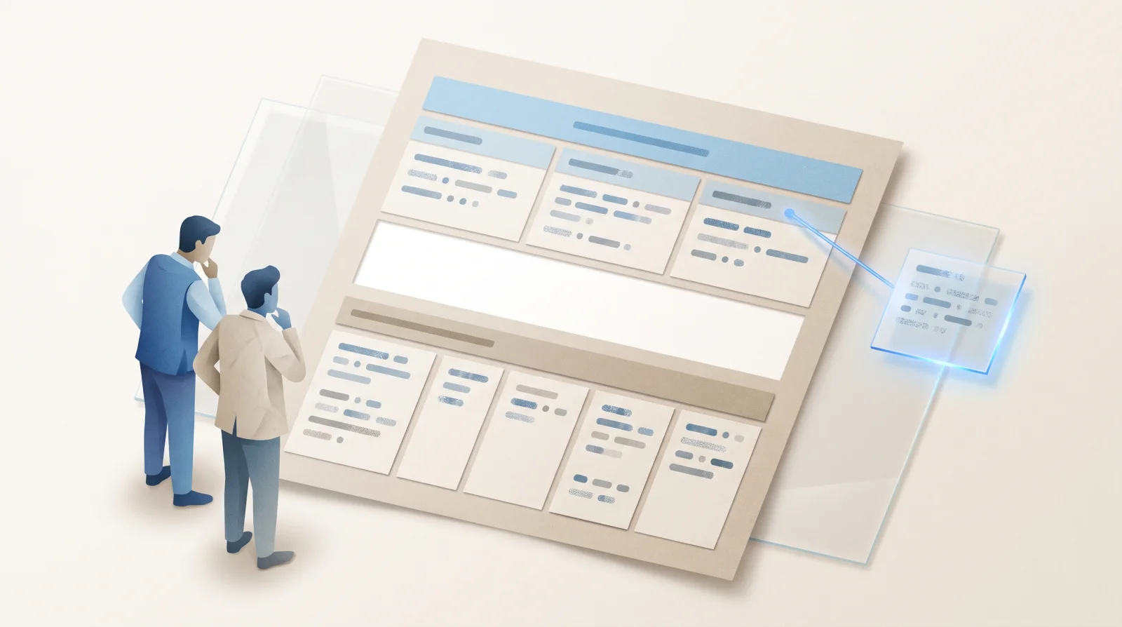 Generated editorial illustration of two stylized people examining an angled sheet with two table regions separated by a broad blank band. A shared blue heading spans smaller column headings in the upper region, which is linked to a separate translucent note. The cells contain abstract bars and dots, not readable values.