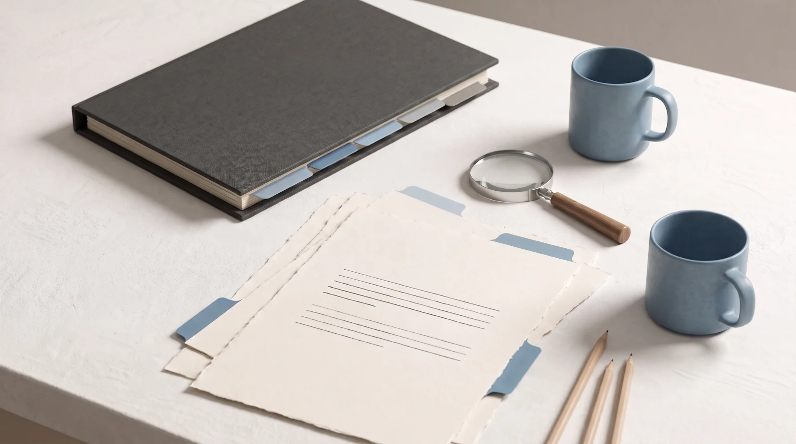 Generated editorial illustration of a dark tabbed binder, loose tabbed papers, a magnifying glass, pencils and two blue mugs on a light desk.