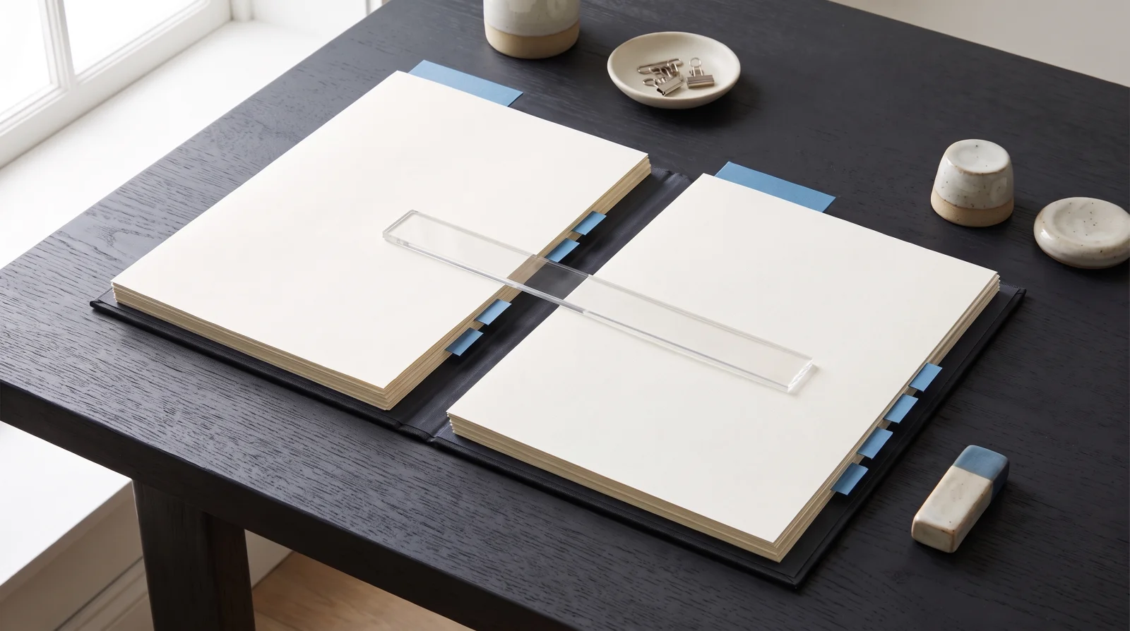 Generated editorial illustration of two blank document stacks with blue tabs, side by side on a dark desk, with a transparent straightedge across them and small ceramic objects nearby.