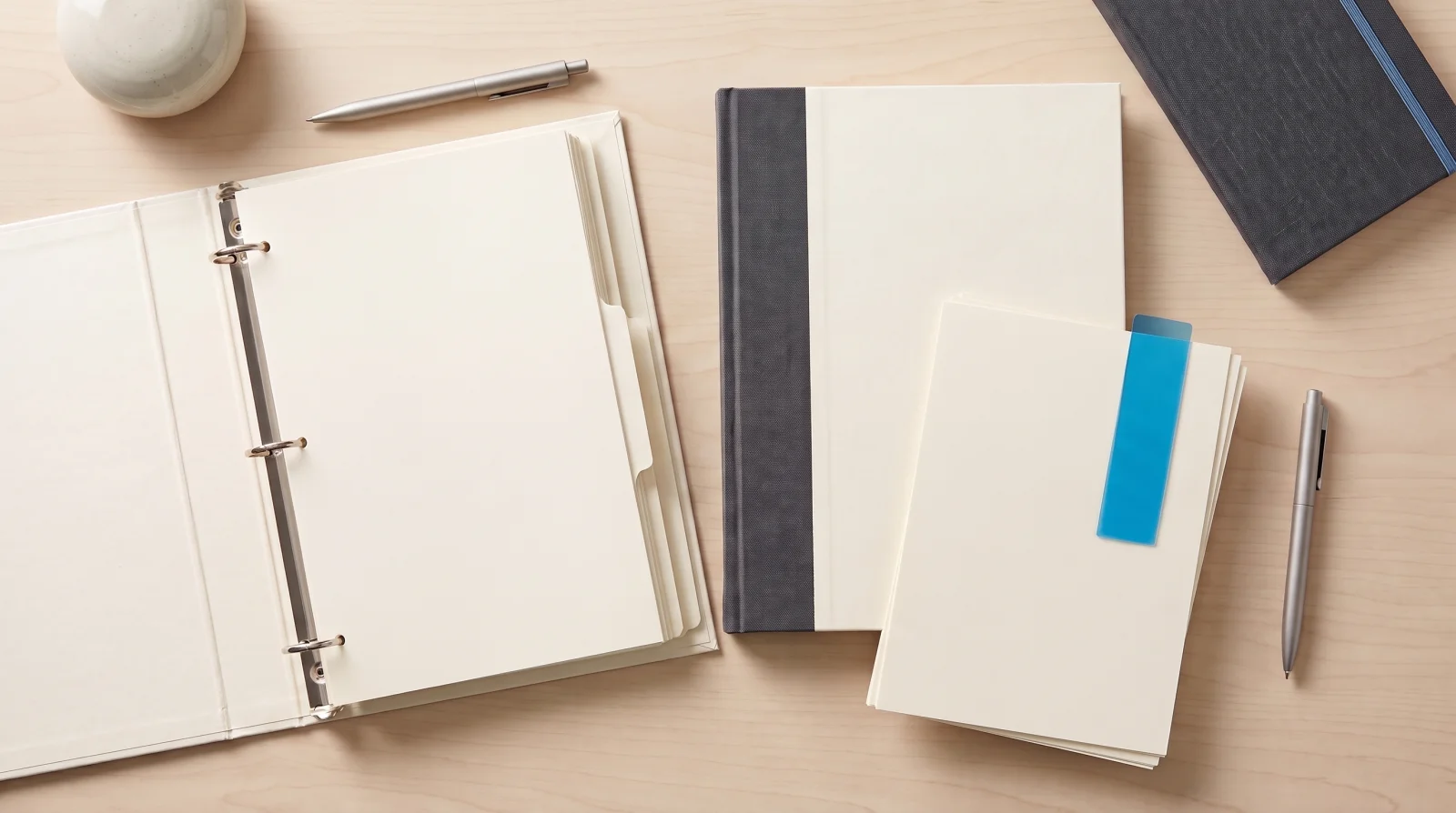 AI-generated editorial illustration of three blank research-review document sets with a blue page marker; no real study or patient information.