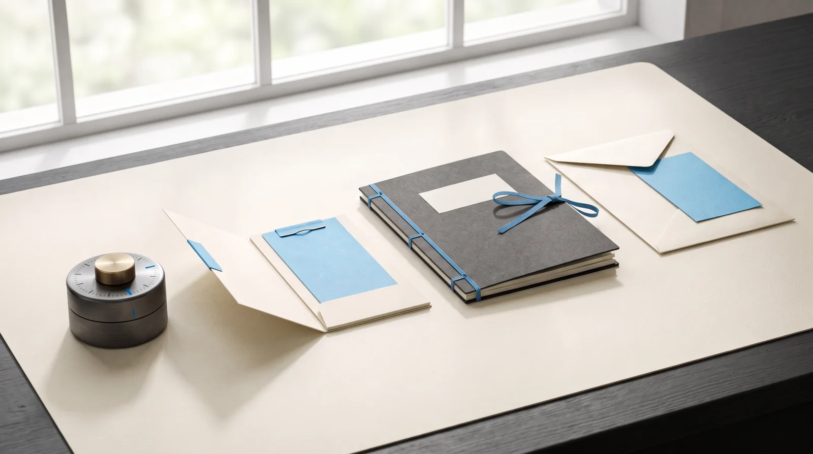 AI-generated editorial illustration of an unnumbered timing object, a blank work-ticket folio, a report folder and a delivery envelope in daylight.