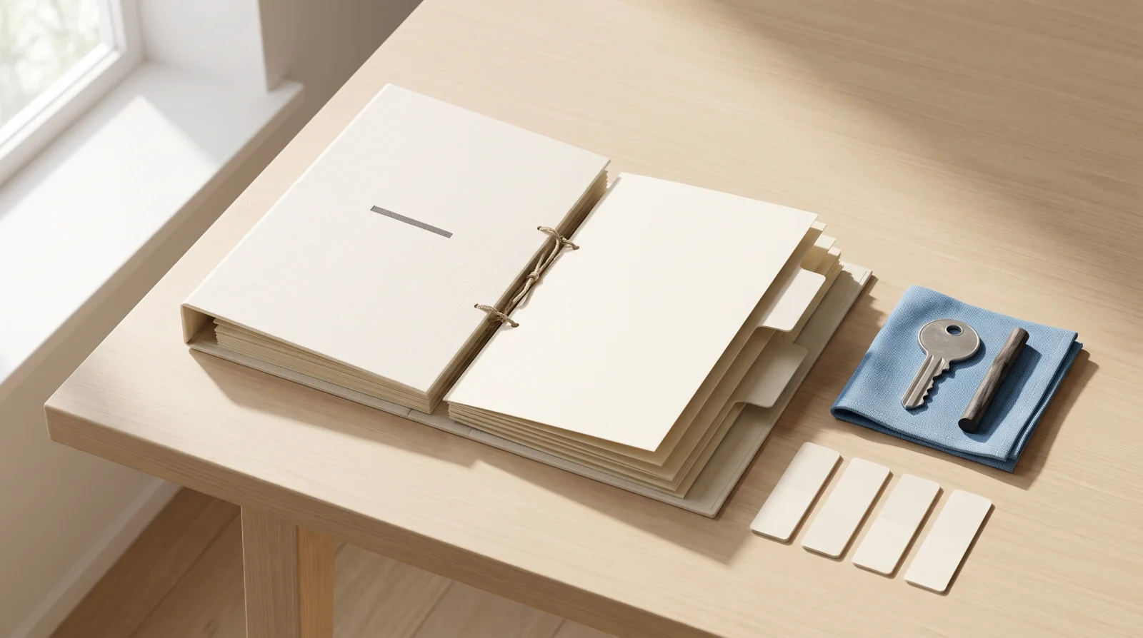 Generated editorial image of an open blank tabbed binder on a sunlit wooden desk, with a separate metal key and dark pencil on folded blue cloth and four blank tabs nearby.