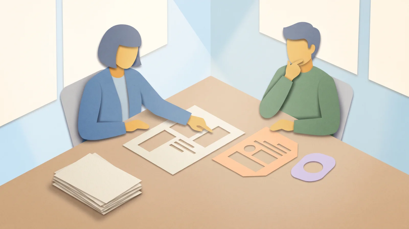 Generated paper-cut illustration of two fictional colleagues across a desk. One points to a cream document while the other holds a hand near the chin; a peach document, a purple ring-shaped card and blank papers sit nearby.