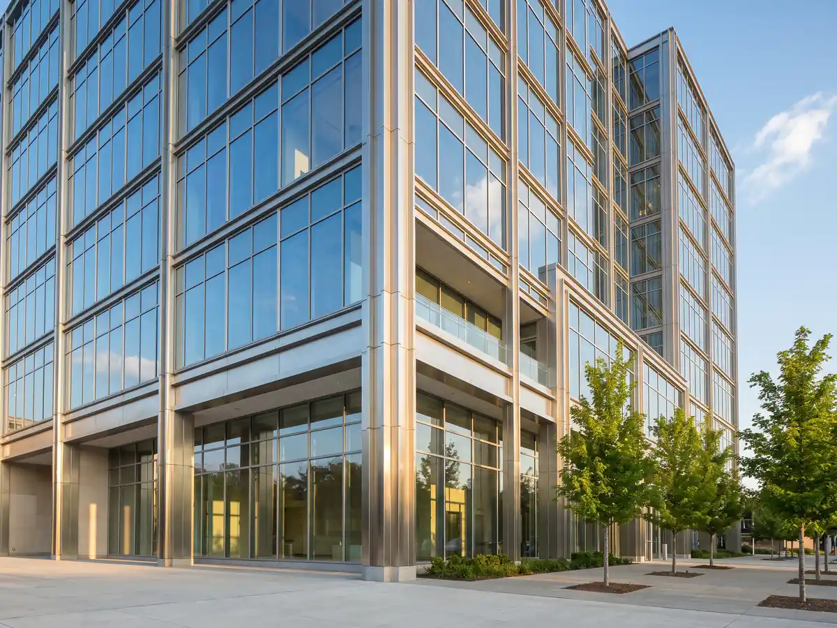 A generated photograph of a modern glass office building on a sunny day, with young trees along the street and no signage