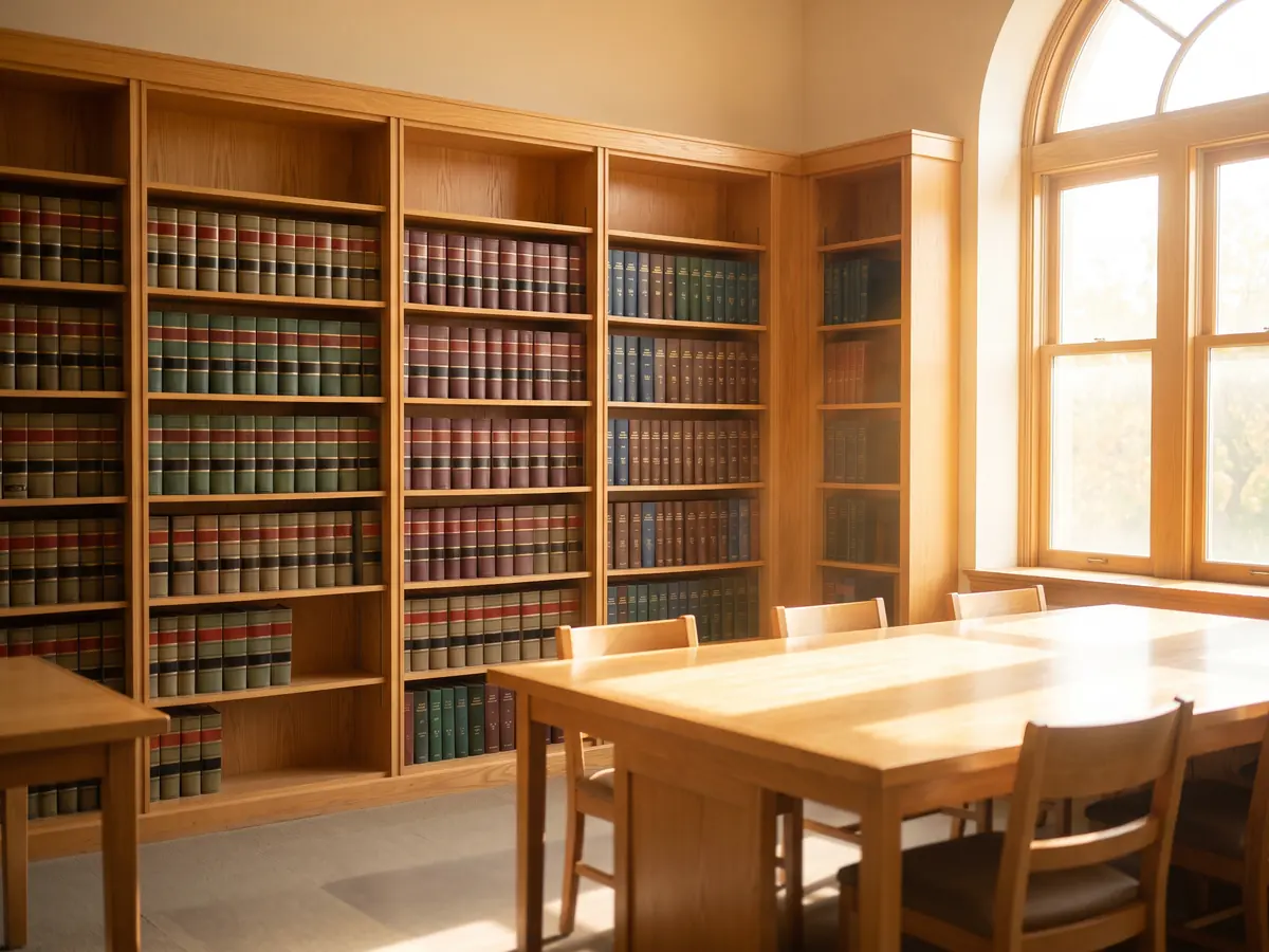 A generated photograph of a sunlit law library with oak shelves of bound legal volumes and a reading table, empty of people