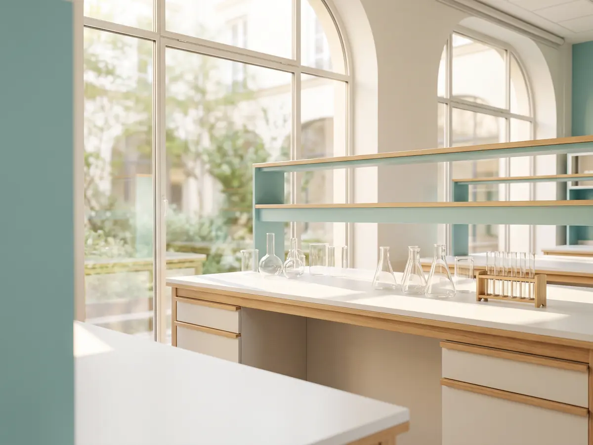 A generated photograph of a bright laboratory with clear glassware on white benches by large garden windows, empty of people