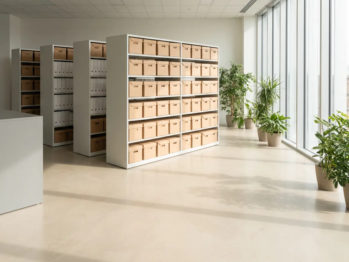 A generated photograph of a bright records room with shelves of archive boxes and binders by tall sunlit windows, empty of people