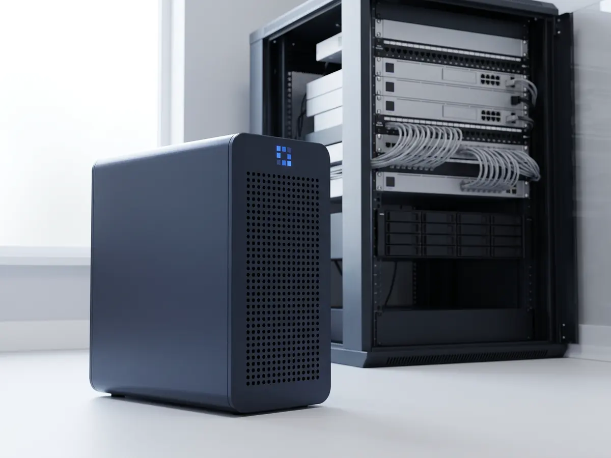 A generated photograph of the Matrix system standing on the floor of a company IT room, beside an open network rack