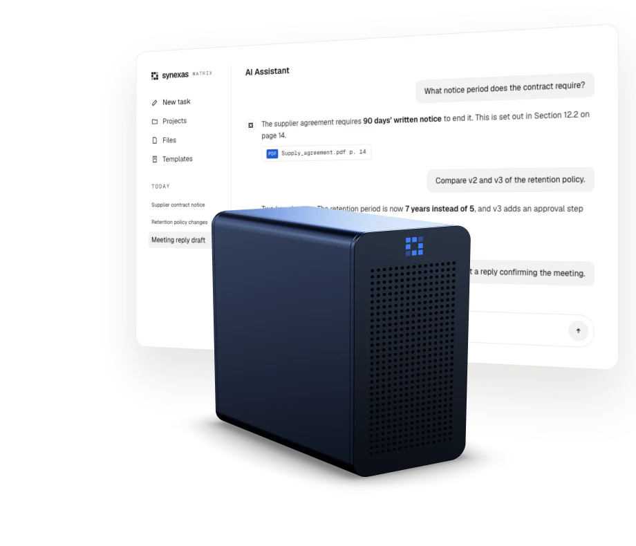 The Matrix system, a graphite tower, in front of the AI assistant on its screen