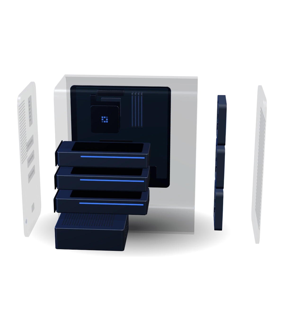 The same Matrix system with its panels and internal parts separated